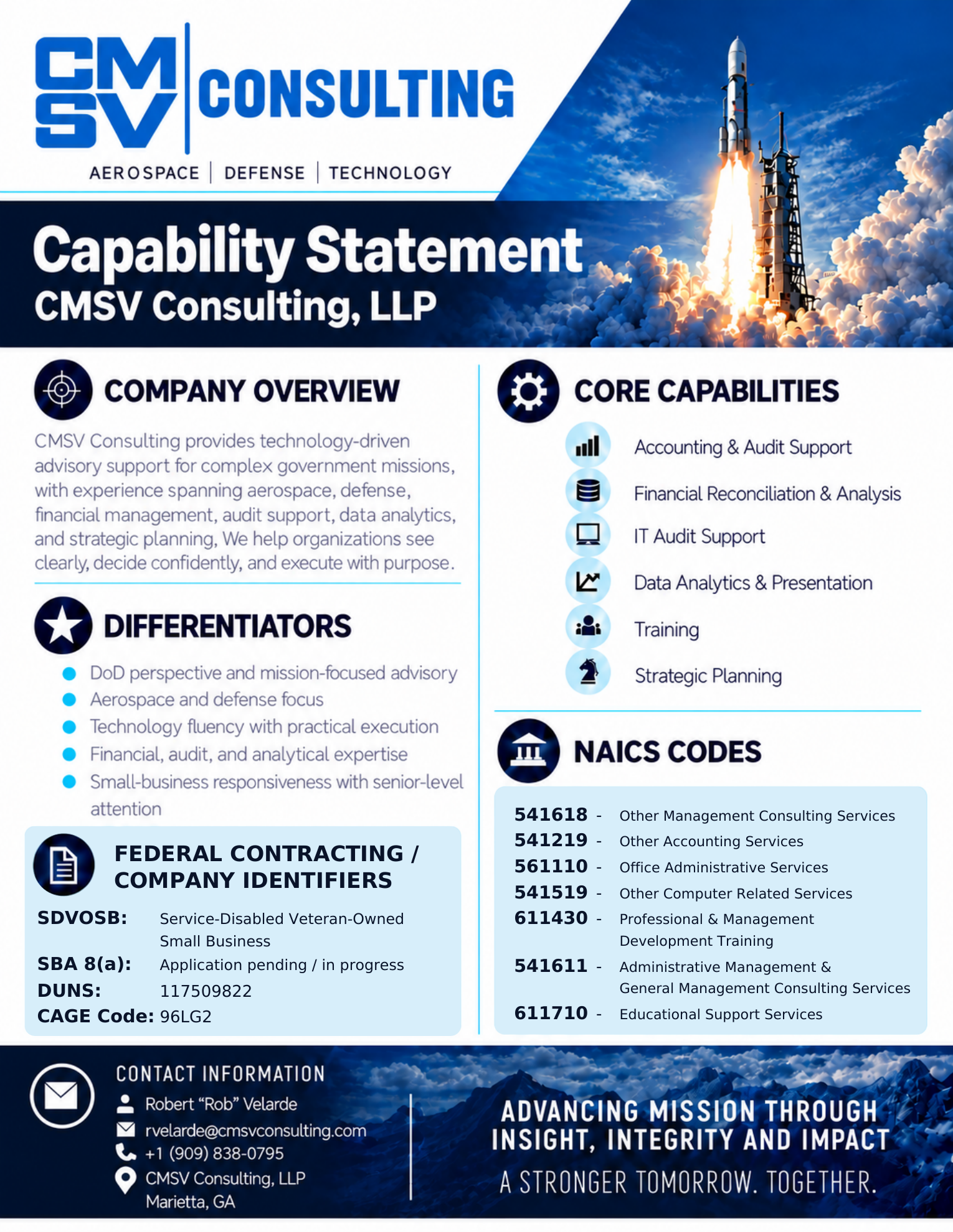 Preview of CMSV Consulting’s one-page capability statement